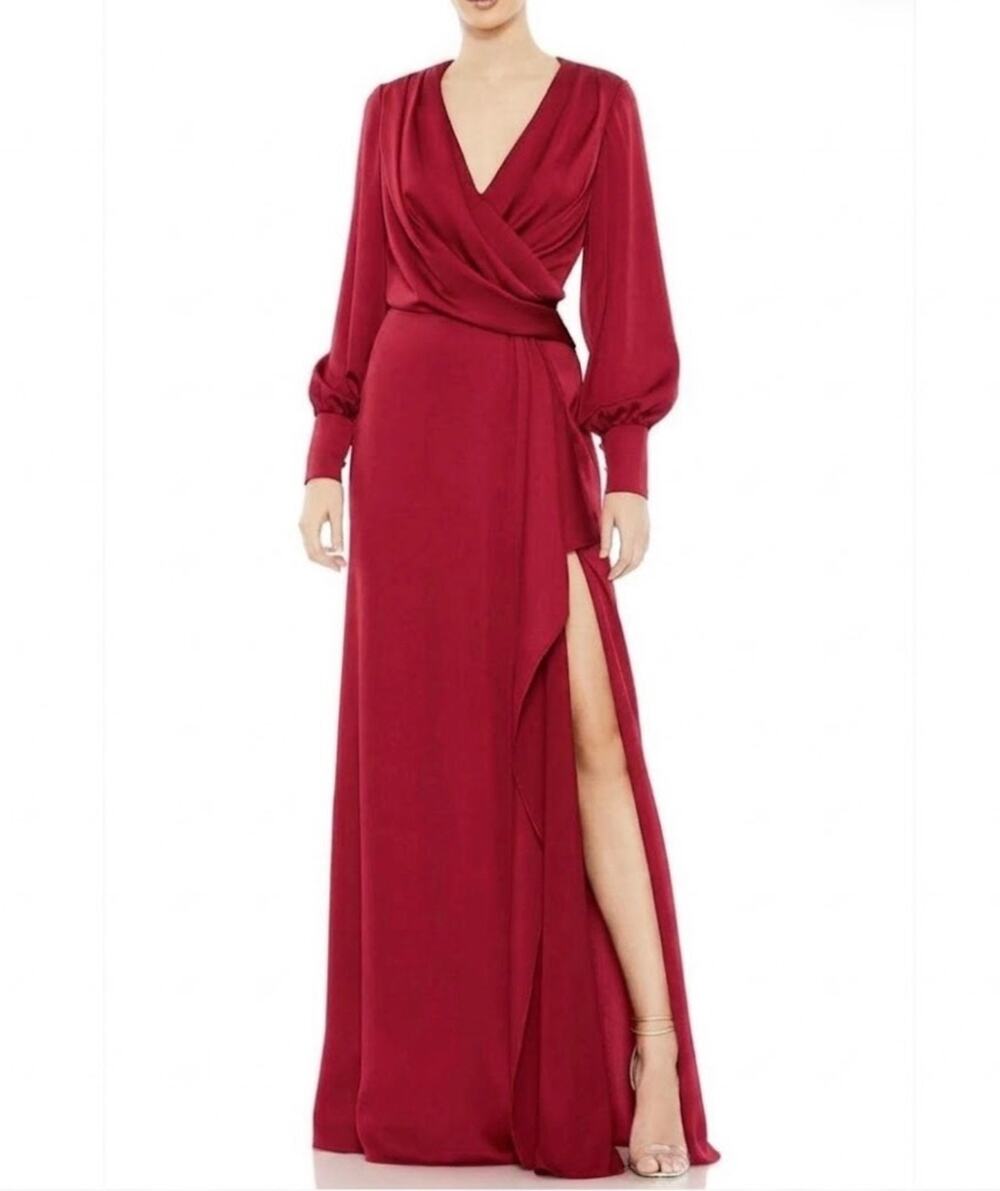Mac Duggal 26895 Red Evening Gown Satin Long Sleeve V-Neck Column Dress Size 4